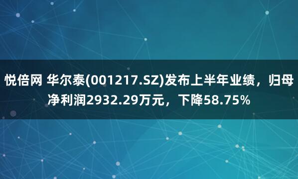 悦倍网 华尔泰(001217.SZ)发布上半年业绩，归母净利润2932.29万元，下降58.75%